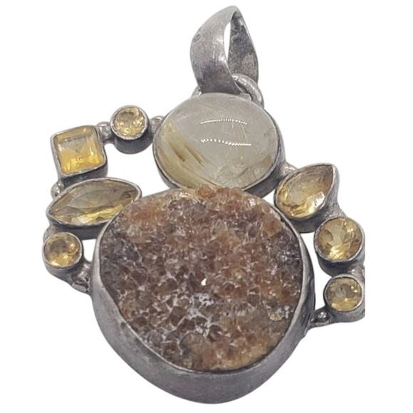 Gemstone Pendant Rutilated Quartz Druzy Quartz & Citrine In Sterling Silver - Picture 1 of 8